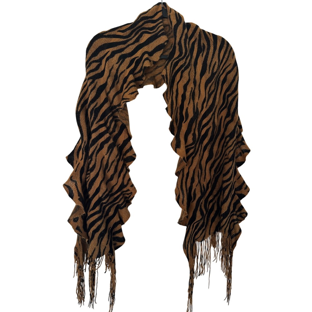 Tiger Stripe Animal Print Ruffle Scarf Brown Black Fringe Knit 68x15